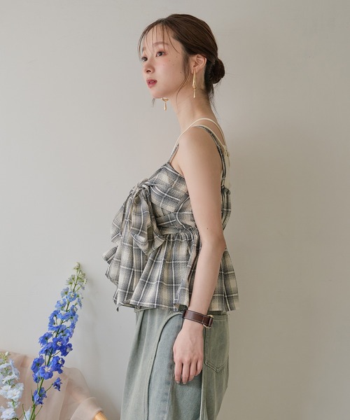 mideal キャミソール ombre check double ribbon bustier