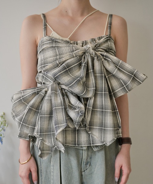 キャミソール ombre check double ribbon  bustier / オンブレチェックダブルリボンビスチェ mideal キャミソール ombre check double ribbon bustier