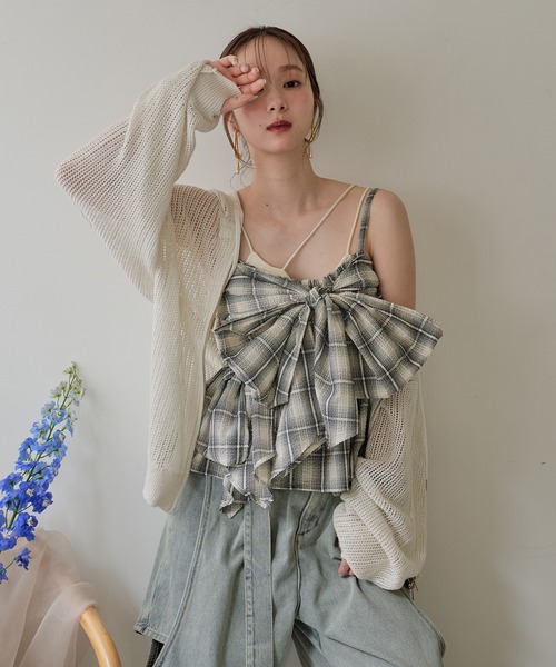 mideal キャミソール ombre check double ribbon bustier