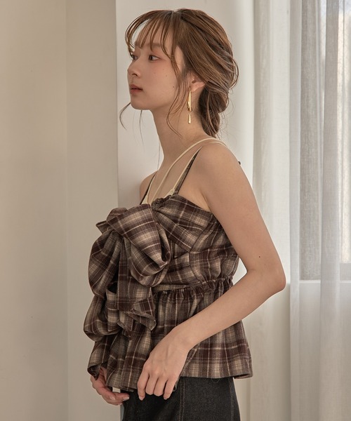 mideal キャミソール ombre check double ribbon bustier