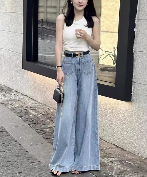 「BLANC FICELLE」 加工デニムパンツ L インディゴブルー レディース
