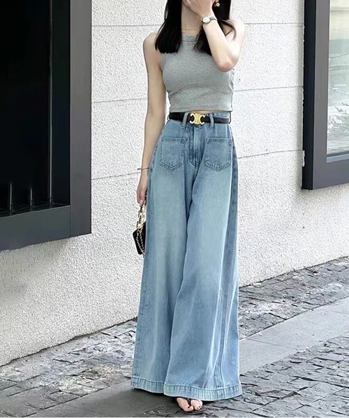 「BLANC FICELLE」 加工デニムパンツ L インディゴブルー レディース