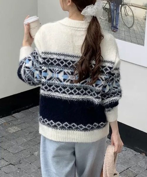 多色編み込み　ハーフジップ　ノルディック　ニット　フェアアイル柄 P CLOTHY ニット セーター 「レトロムード漂うフェアアイル柄