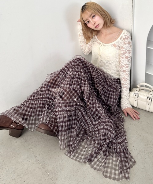 Loueme スカート ギンガムチェックフリルチュールスカート Loueme スカート ギンガムチェックフリルチュールスカート