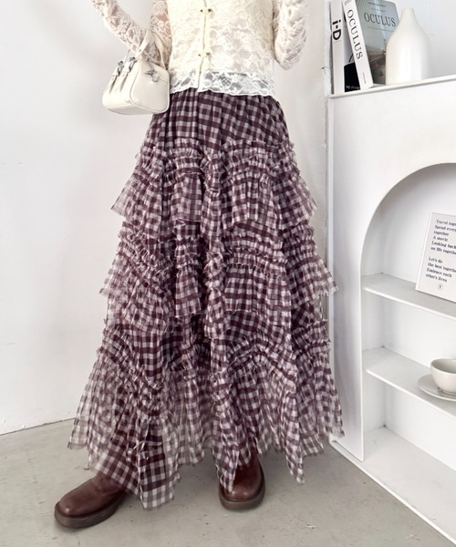 Ame ギンガムチェック フレアスカート 裾フリル Loueme スカート ギンガムチェックフリルチュールスカート : ZOZOTOWN