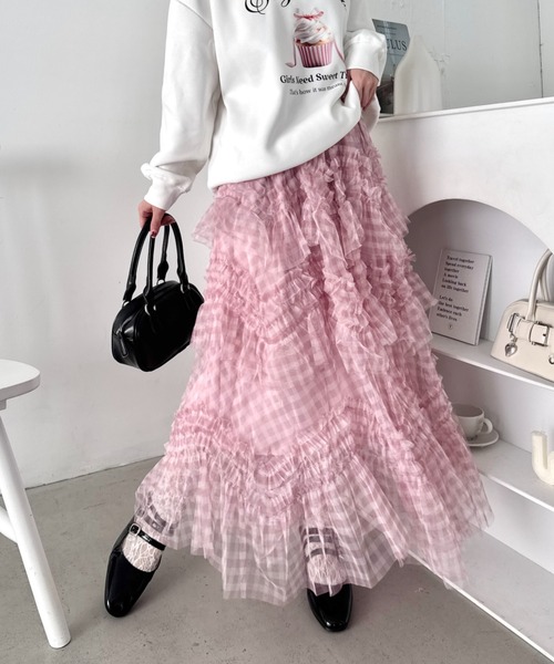 Loueme スカート ギンガムチェックフリルチュールスカート : ZOZOTOWN