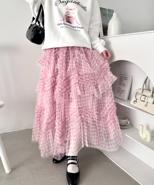 Loueme スカート ギンガムチェックフリルチュールスカート : ZOZOTOWN