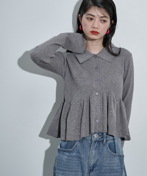 THE Yon カーディガン ペプラムリブニットポロカーディガン レディース