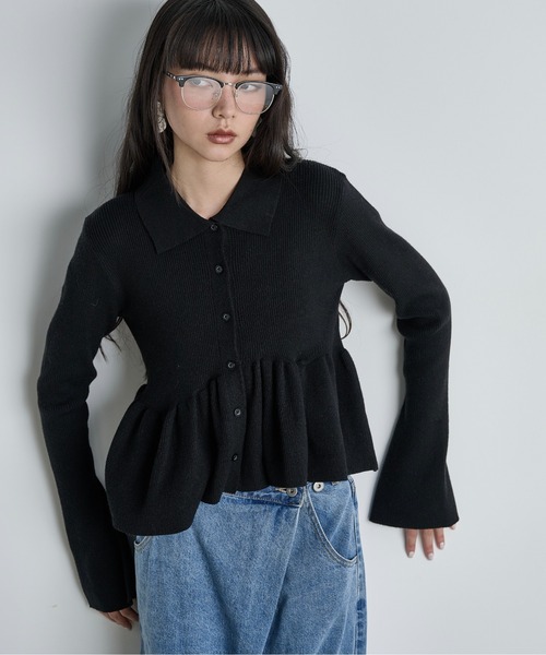 M'S GRACY リボンダブルジップアップ　ペプラムリブニットカーディガン M'S GRACY リボンダブルジップアップペプラムリブニットカーディガン