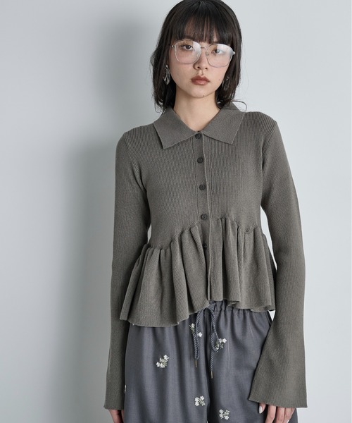 THE Yon カーディガン ペプラムリブニットポロカーディガン レディース