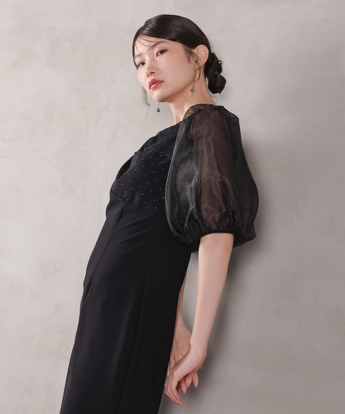 ドレス ラメビジュー リボンデザイン パフスリーブ Iラインワンピース ドレスパーティー 結婚式 お呼ばれ オケージョン_5