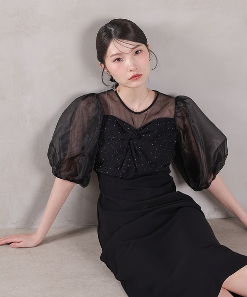 ドレス ラメビジュー リボンデザイン パフスリーブ Iラインワンピース ドレスパーティー 結婚式 お呼ばれ オケージョン_10