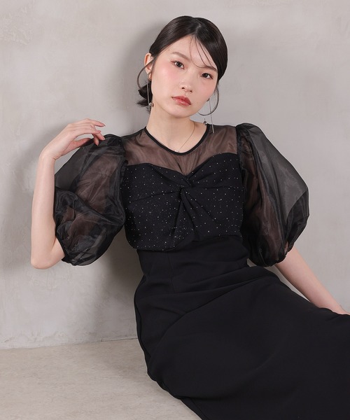 ドレス ラメビジュー リボンデザイン パフスリーブ Iラインワンピース ドレスパーティー 結婚式 お呼ばれ オケージョン_8