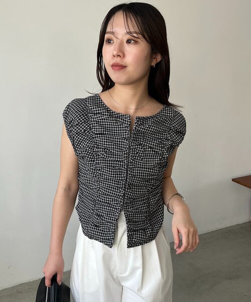 ブラウス シャツ チェックギャザーブラウス レディースの画像
