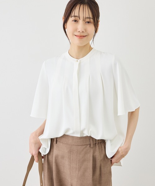 ブラウス シャツ ジョーゼットタックハーフスリーブブラウス レディースの画像