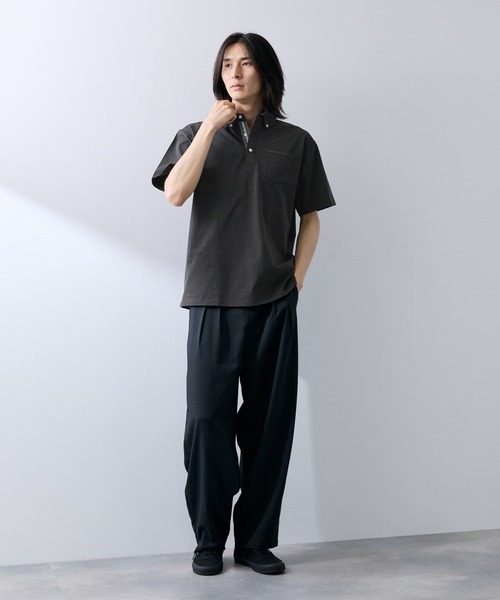 極美品♡REONARD紺色　襟付き半袖 NAVY ポロシャツ 半袖 「SARARI /サラリ」冷感スラブカノコ ボタン