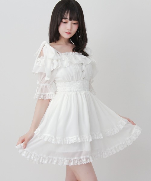 DearMyLove ワンピース 夏 半袖 リボンオフショルフリルシフォン