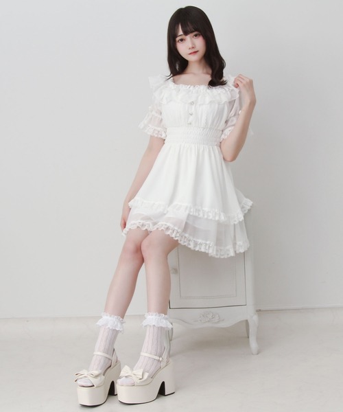 DearMyLove ワンピース 夏 半袖 リボンオフショルフリルシフォン