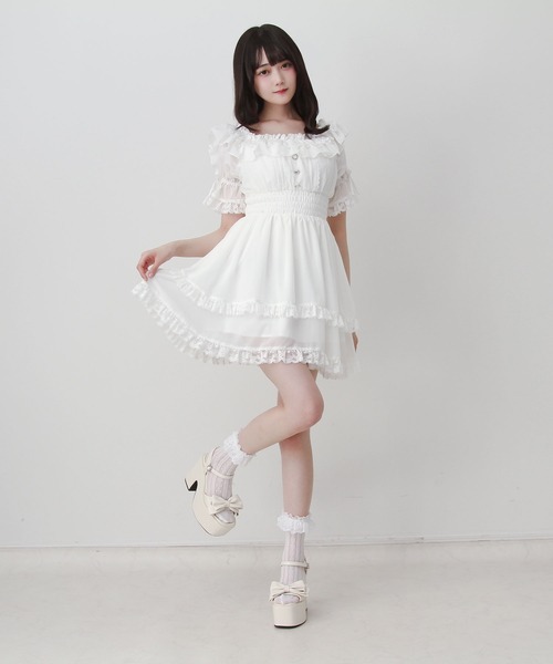 DearMyLove ワンピース 夏 半袖 リボンオフショルフリルシフォン