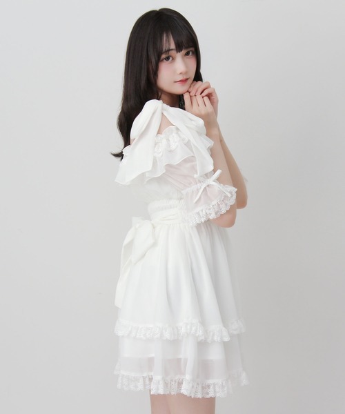 DearMyLove ワンピース 夏 半袖 リボンオフショルフリルシフォン