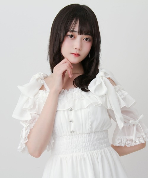 DearMyLove ワンピース 夏 半袖 リボンオフショルフリルシフォン