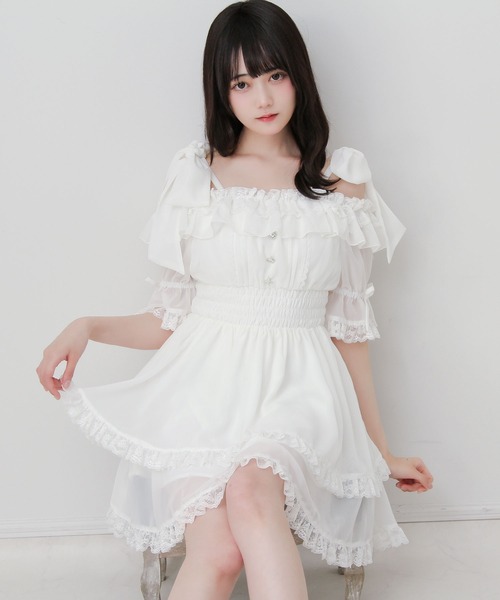 DearMyLove ワンピース 夏 半袖 リボンオフショルフリルシフォン