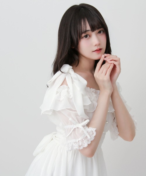 DearMyLove ワンピース 夏 半袖 リボンオフショルフリルシフォン