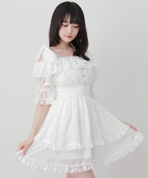DearMyLove ワンピース 夏 半袖 リボンオフショルフリルシフォン
