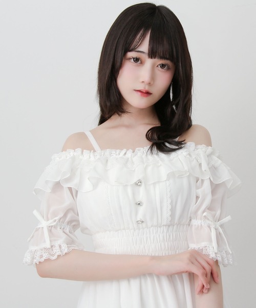 DearMyLove 夢展望 リボンオフショルフリルシフォンワンピース DearMyLove ワンピース 夏 半袖 リボンオフショルフリルシフォン