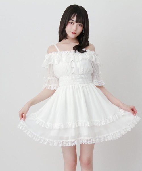 DearMyLove ワンピース 夏 半袖 リボンオフショルフリルシフォン