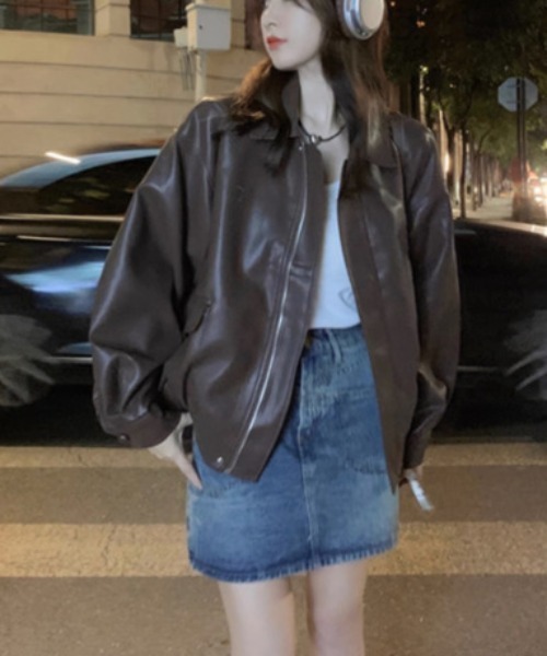 コート アウター 「PU素材」ジップアップジャケット レディース