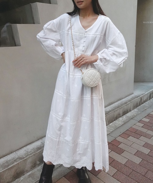 CORNERS ワンピース コットンレースVネックロングワンピース