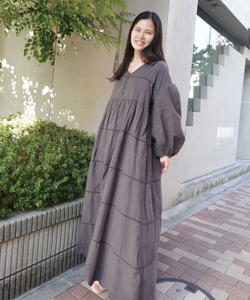 ストライプVネック長袖ワンピースゆったり ワンピース ミモレ丈 長袖 vネック レディース 大人 春 夏