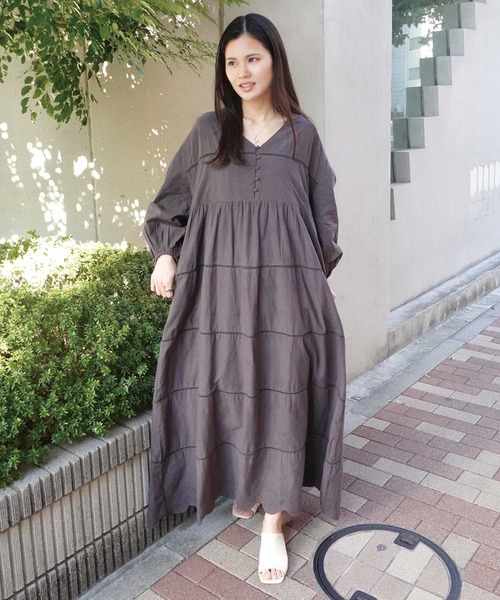 CORNERS ワンピース コットンレースVネックロングワンピース