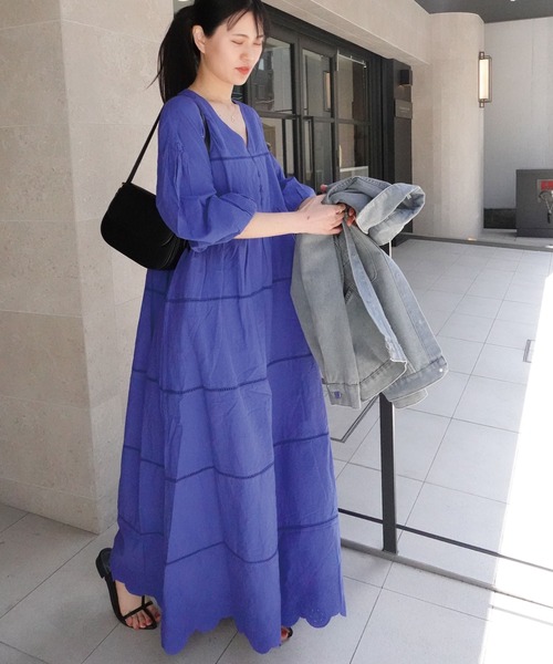 ストライプVネック長袖ワンピースゆったり ワンピース ミモレ丈 長袖 vネック レディース 大人 春 夏