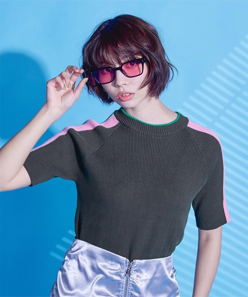 miette ニット セーター 配色ライン半袖リブトップス レディース