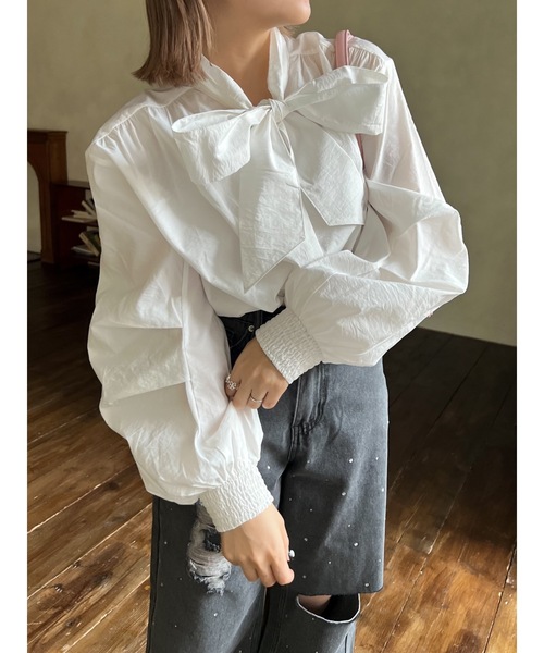 ブラウス シャツ 「アイロン不必要」bow tie blouse レディース