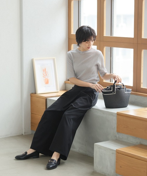 黒 ストレッチ ワイドパンツ 前ジッパー付き S-LLサイズ》ストレッチベイカーワイドパンツ【洗濯機洗い可
