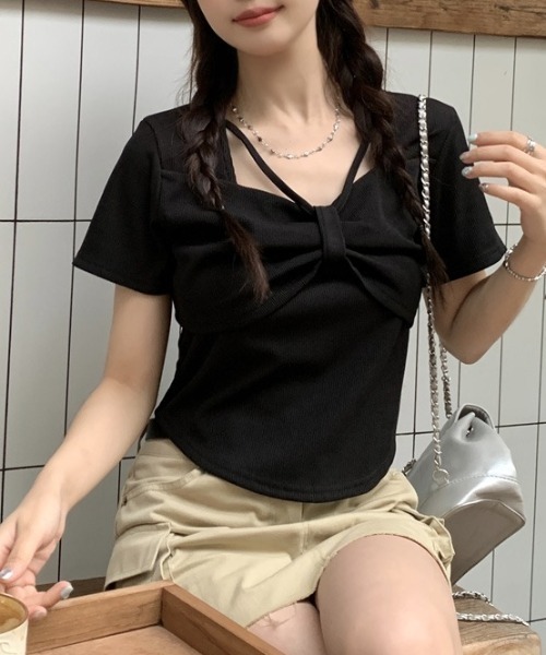 DIAVEL tシャツ 「新色追加」4色展開リボンデザイン半袖Tシャツ