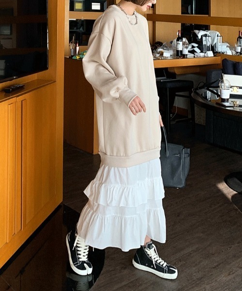 ECLIN ワンピース 異素材ティアードフリル切替スウェットワンピース