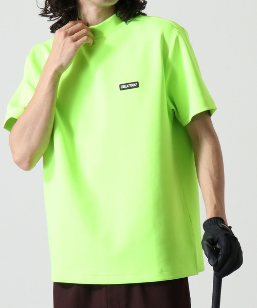 【極美品】V12 モックネックTシャツ L 半袖 ゴルフ 蛍光イエロー STELLA77GOLF tシャツ 蛍光カラーゴルフモックネック半袖T