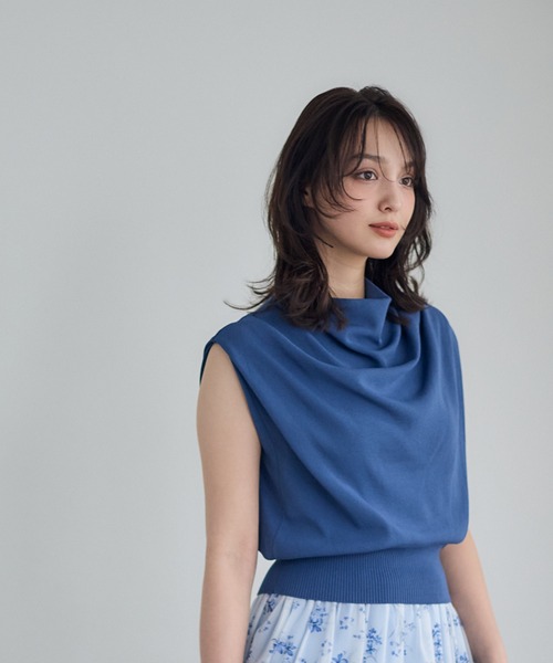 トゥエルブアジェンダ 12Twelve Agenda ドレープネックフレンチスリーブニット （ブラック） SALE】前後2wayシアーネックドルマン5分袖ニットプル