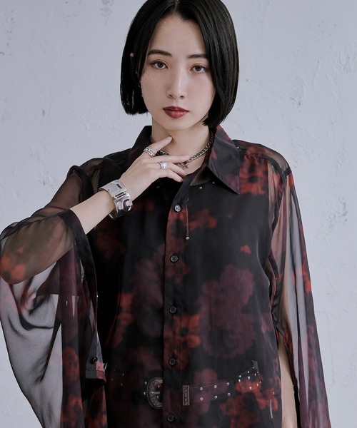 Ellno Loset【Aranコラボ】2WAYフラワー柄シアーシャツ ブラック Ellno Loset by Aran（エルノロゼットバイアラン）の「【Aran
