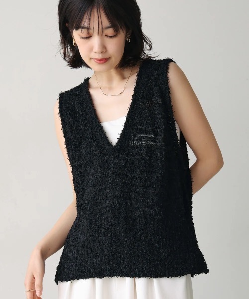 ベスト ジレ リボンヤーンニットベスト レディース