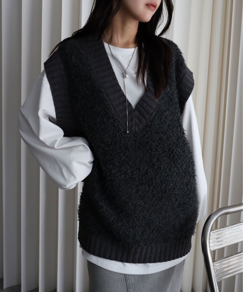 YENNA ベスト ジレ 「プードルニットオーバーベスト」Vネックニット