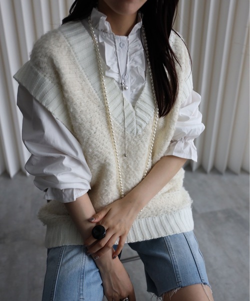 YENNA ベスト ジレ 「プードルニットオーバーベスト」Vネックニット