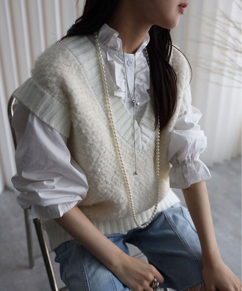 YENNA ベスト ジレ 「プードルニットオーバーベスト」Vネックニット
