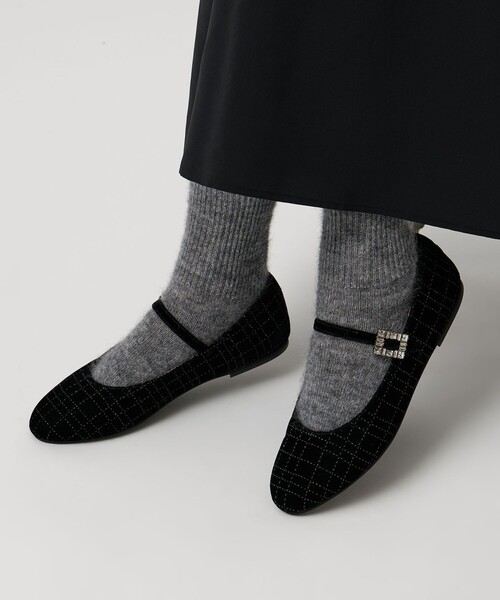 UNITEDARROWSベルベットビジューメリージェーンバレエシューズ黒23.5 UNITED ARROWS バレエシューズ パンプス ベルベット ビジュー