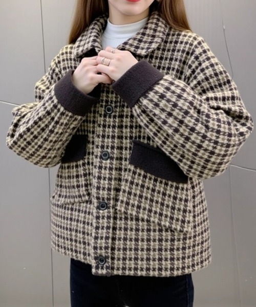 cammie コート アウター 千鳥格子バックフリンジデザインジャケット