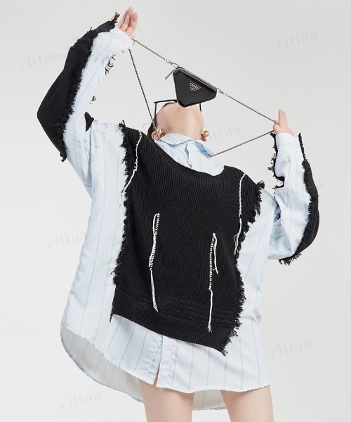 Dalfwin 韓国ファッション ダメージニットドッキングデザインシャツ